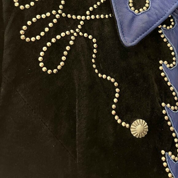 DIAMOND Leathers Women's Black & Blue Suede Studded Motorcycle Jacket - Size 10 - Picture 1 of 12